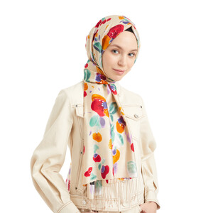 Beige Acacia Flower Modal Silk Hijab - Thumbnail