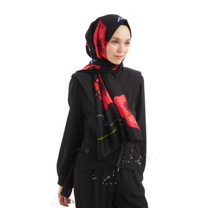 Black Poppy Modal Silk Hijab - Thumbnail